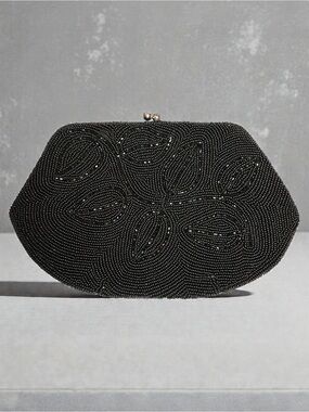 Vintage 1950’s Black Hand Beaded Sequin Evening Bag Handbag Clutch with Top Kiss